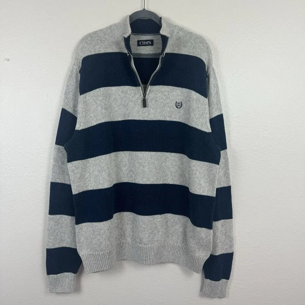 Chaps Ralph Lauren 1/4 Zip Pullover Knit Sweater Cotton Blue Beige Stripe XXL